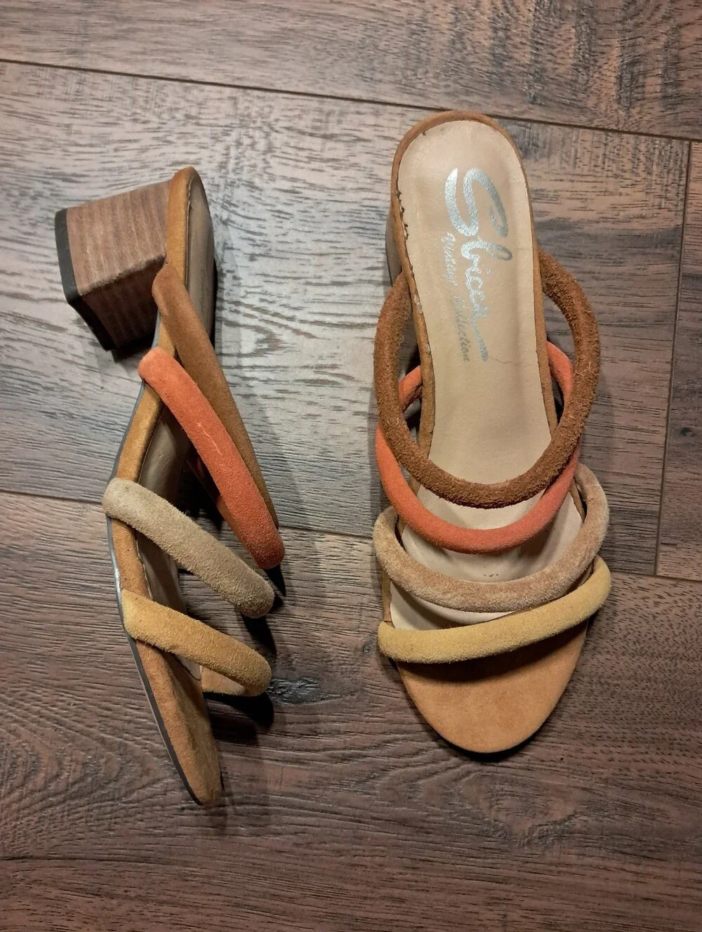 Sbicca Suede Multi-color Chunky Strap Block Heel Sandals in Brown, Tan, Orange